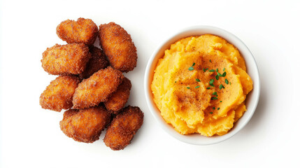 Delicious chicken nuggets with flavorful mashed potatoes on white background