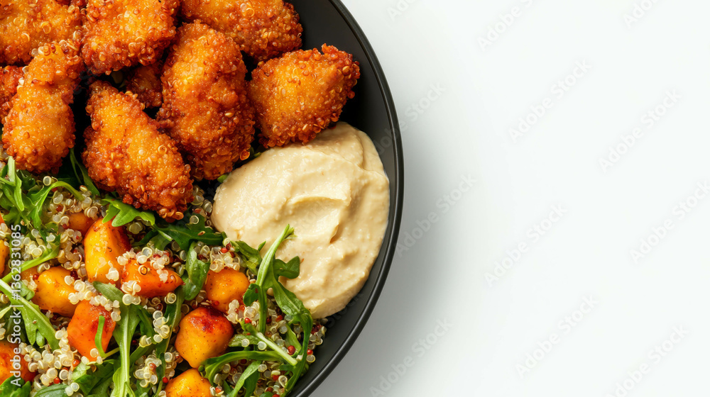 Poster crispy nuggets with quinoa and arugula salad for a vibrant meal presentation