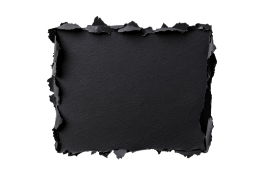 Torn black paper with jagged edges on a transparent background