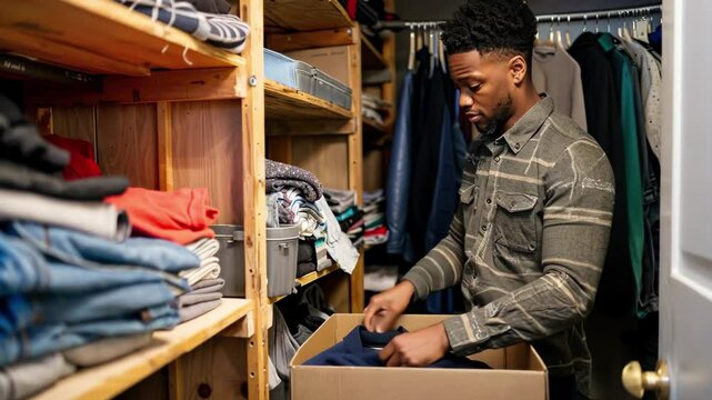 Afro american man packing folded clothes into cardboard box in small walk-in closet. Concept of moving out and organizing personal space