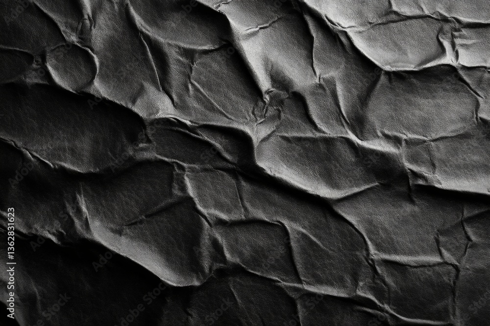 Poster Crumpled black paper texture displaying intricate patterns and shadows in natural light