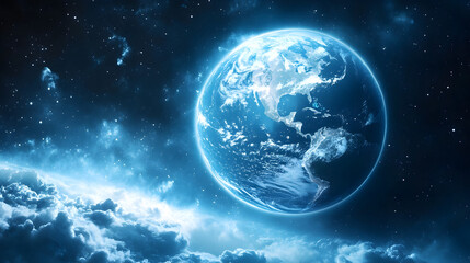 Fototapeta premium Planet Earth Illuminated in Outer Space with Galaxy and Light Effects for astronomical and futuristic themes.