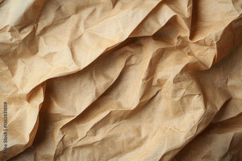 Poster textured brown craft paper displaying intricate folds and creases in warm, natural tones under soft 