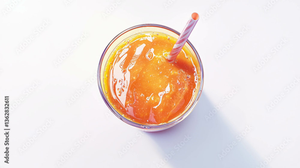 Poster refreshing papaya and mango smoothie in glass with straw on white background