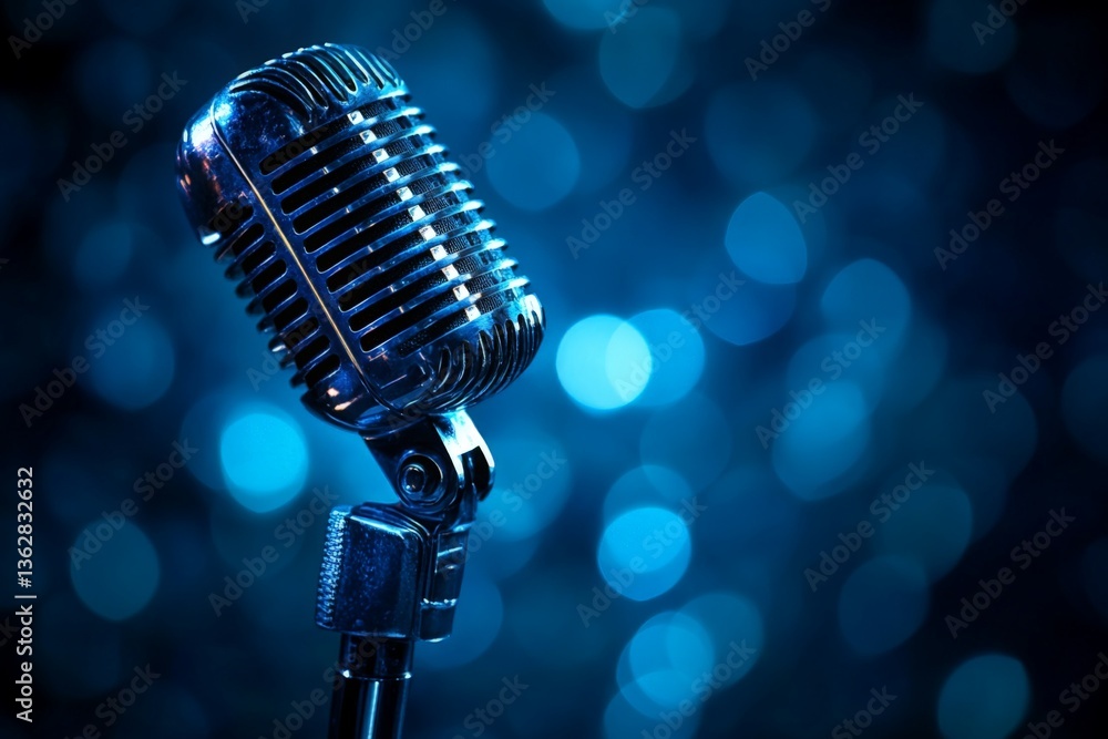 Poster vintage microphone surrounded by shimmering blue bokeh lights at a music event