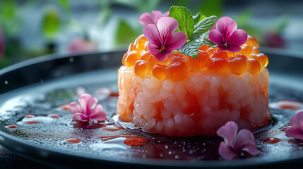 Delicate sushi creation with salmon roe, flowers, and herbs presented on a dark plate in a modern dining setting
