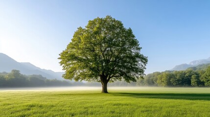 Obraz premium Majestic tree in a tranquil meadow. Lush green foliage against a backdrop of misty mountains