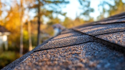 Techo de tejados con hojas de oto&ntilde;o desenfocadas en el fondo.