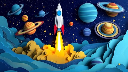 Obraz premium Vibrant paper art showcasing a rocket launch amidst celestial planets and stars