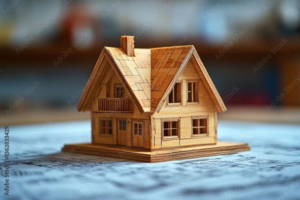 Poster wooden house model on blueprints showcasing craftsmanship and architectural design in a workshop set