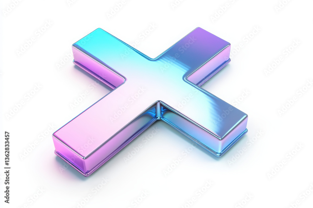 Poster iridescent cross symbol with gradient colors and metallic sheen on white background