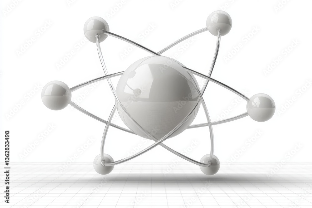Poster Model of a simple atom with electrons orbiting around the nucleus in a clean, bright space