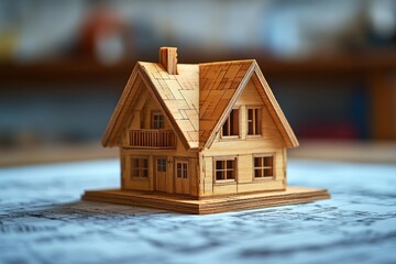 Wooden house model on blueprints showcasing craftsmanship and architectural design in a workshop setting