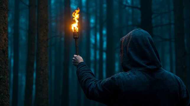 Una figura encapuchada sostiene una antorcha en un bosque oscuro y misterioso.