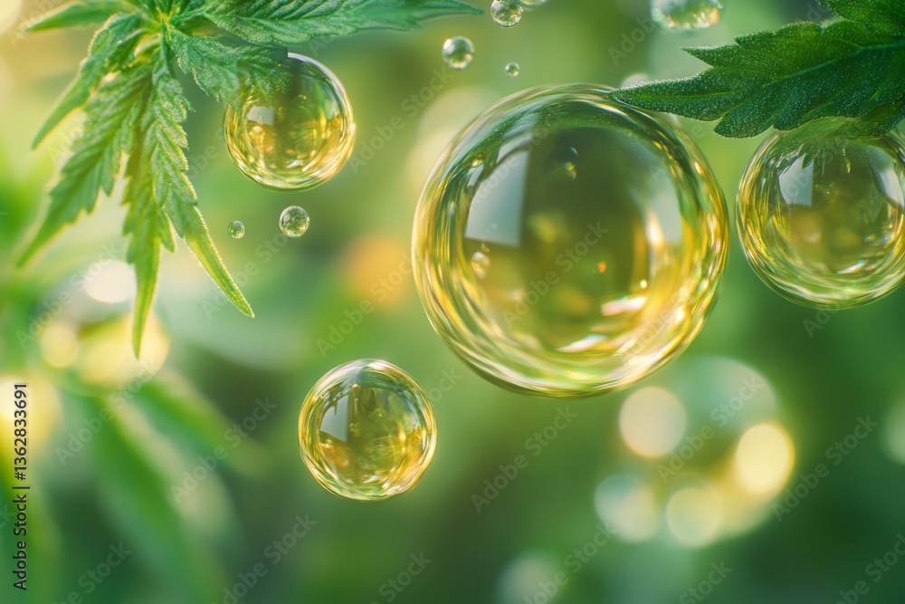 Aufkleber close-up view of green leaves with floating bubbles against a soft blurred background in natural lig