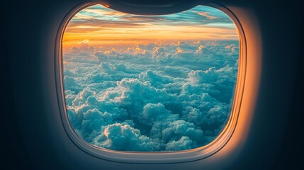 Fototapeta premium Breathtaking aerial view of the skies through airplane window at sunset