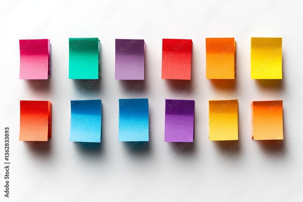 Poster Brightly colored sticky notes arranged in neat rows for organization on a plain white background