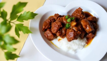A heart-shaped dish featuring tender meat in sauce served over rice, garnished with herbs.