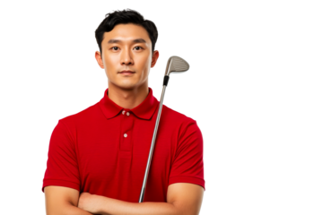 Confident golfer posing with club on transparent background