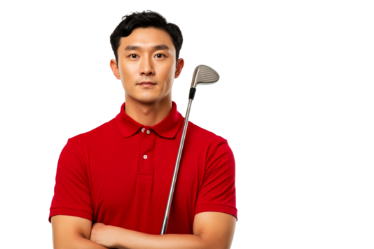 Confident golfer posing with club on transparent background