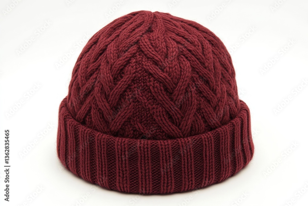 Poster cozy maroon knit beanie showcasing intricate cable patterns in a neutral setting