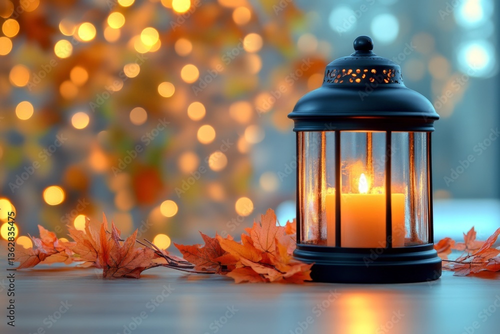 Poster cozy lantern casting warm glow beside autumn leaves in a tranquil setting with blurred fairy lights