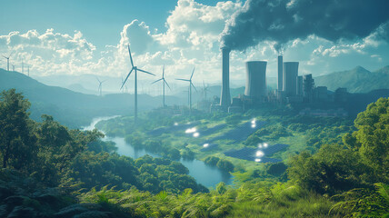 Fototapeta premium Lush green landscape with renewable energy, including wind turbines, solar panels, and nuclear power