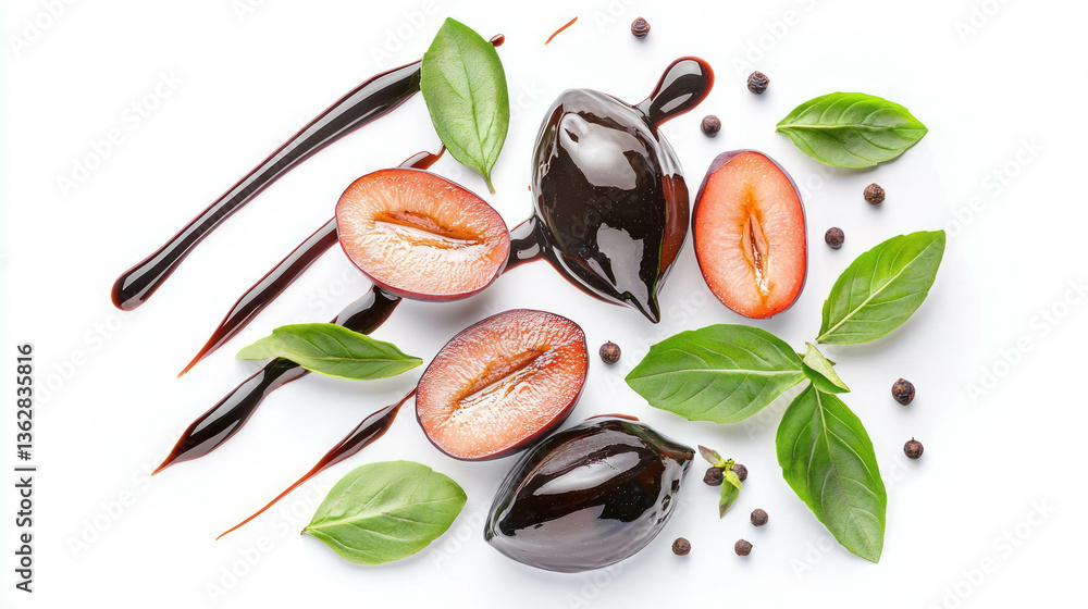 Poster prune and balsamic vinegar arrangement with fresh basil for culinary design