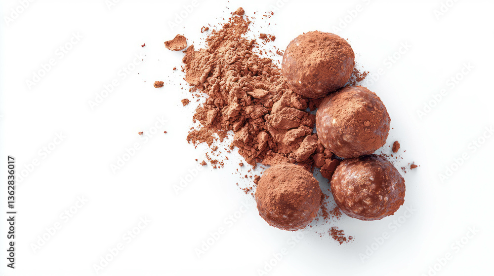 Poster Prune and chocolate energy bites with cocoa powder on white background