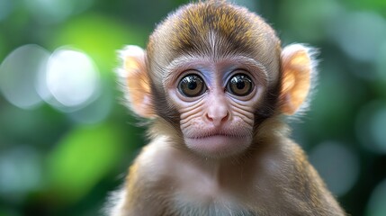 Fototapeta premium Close-up portrait of a young monkey, its large, expressive eyes captivating against a blurred green background.