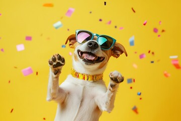 Lively pooch with sunglasses dancing on yellow background for pet party fun 