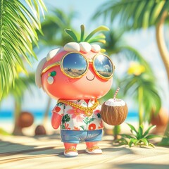 Naklejka premium Happy Strawberry on Tropical Vacation with Coconut Drink