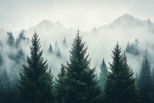 Misty mountain landscape with mysterious fir forest