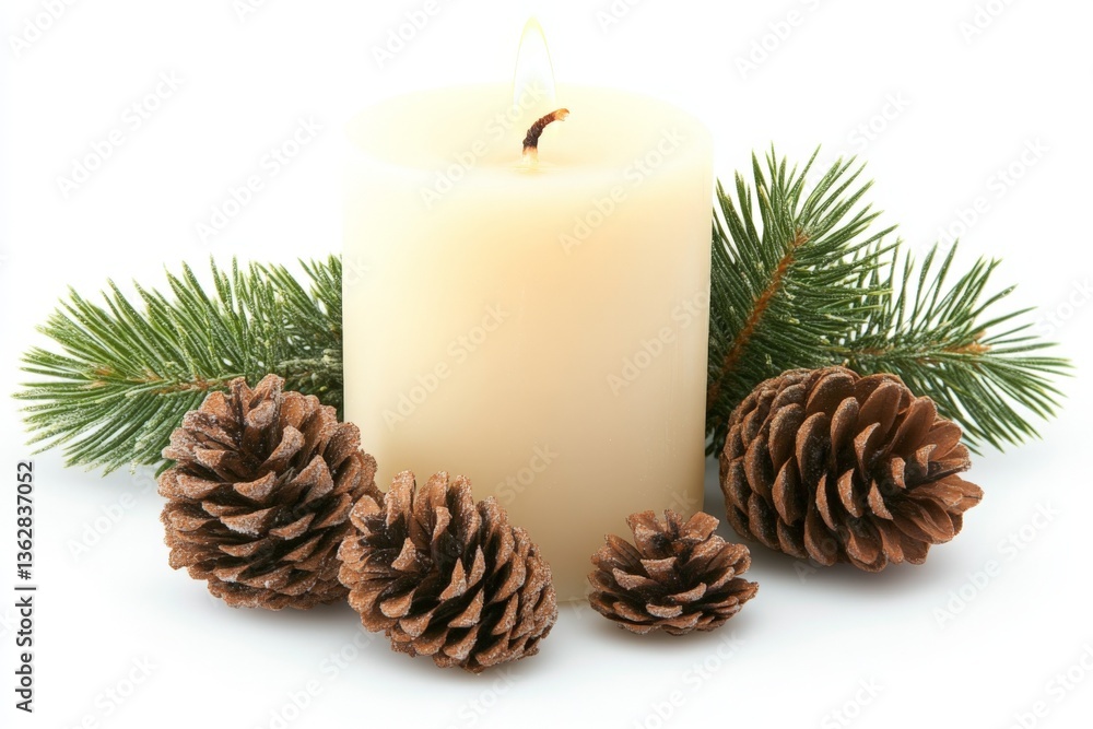 Aufkleber simple elegance of a pinecone arrangement with a lit candle on a white background during winter fest
