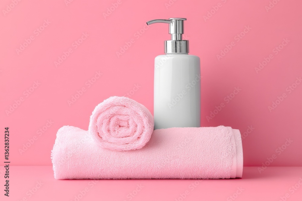Poster Soft pink towels and lotion bottle create a relaxing spa atmosphere in a serene setting