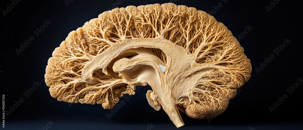 Poster intricate cross section of human brain showcasing detailed neural connections and structures, emphas