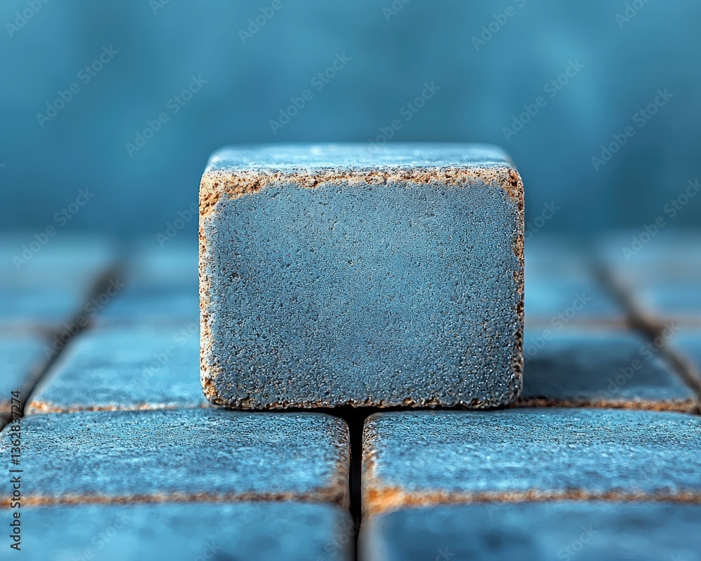 Poster close-up of a single blue brick surrounded by a pattern of similar bricks