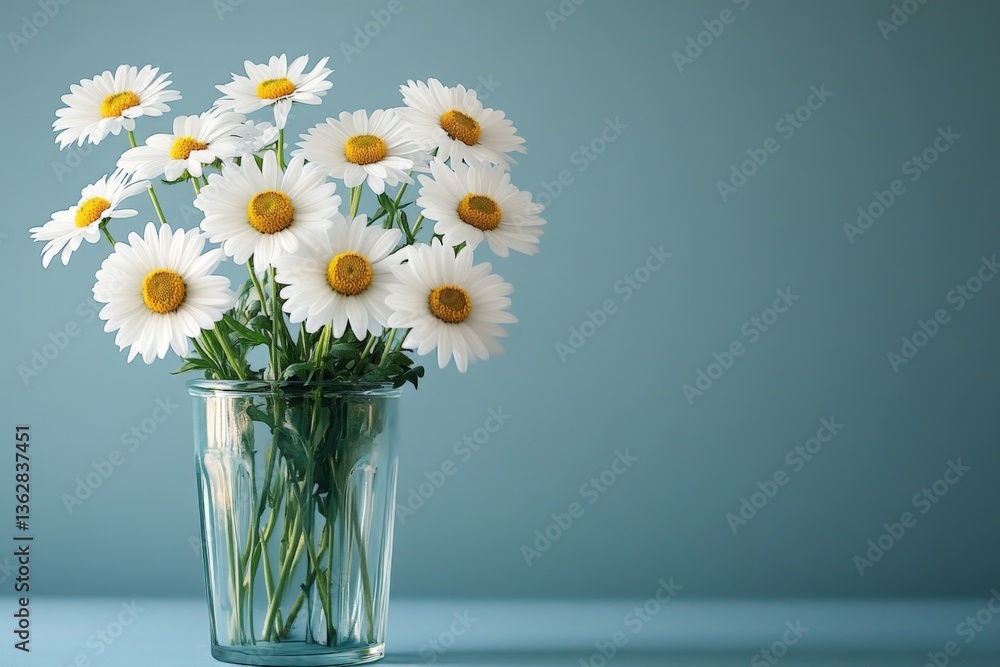 Poster bright daisies in a clear glass vase against a soft blue background create a cheerful atmosphere in 