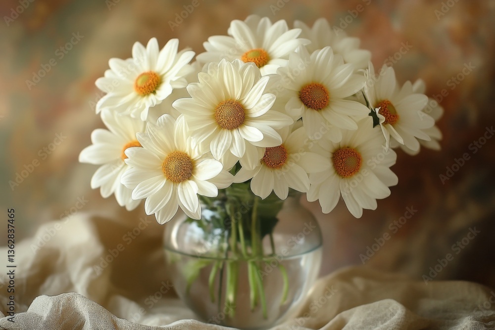 Poster fresh white daisies arranged in a glass vase create a cheerful atmosphere in a warm setting during t