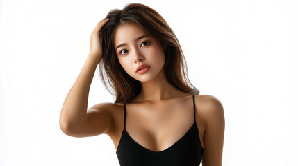 Fototapeta premium Asian Woman in Casual Dress Playing with Her Hair and Looking Curious, Thoughtful and Engaging, Isolated on White Background, Generated AI 