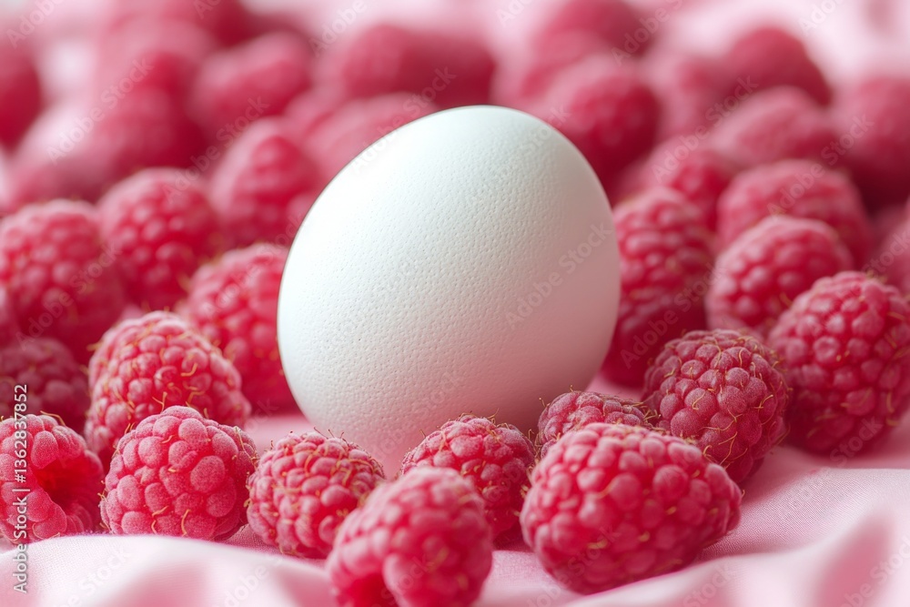 Poster fresh white egg surrounded by vibrant raspberries on a soft pink background