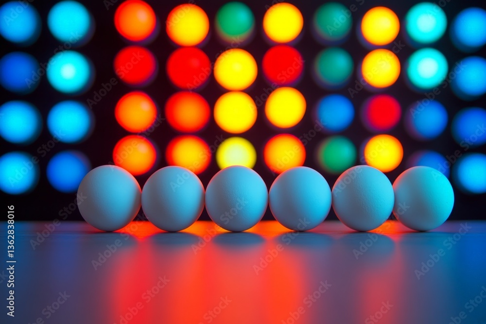 Poster colorful light backdrop highlights white balls arranged in a line on a table during a vibrant indoor