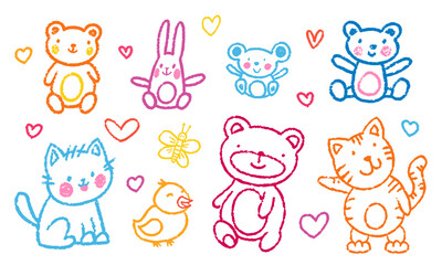 Crayon Pencil Colorful Kindergarten Squiggles Vector Set. Chalk Scribble Spring Shapes Collection. Hand Drawn Brush Texture Flowers, Animals, Hearts Squiggles. Pencil Childish Girly Charcoal Doodles