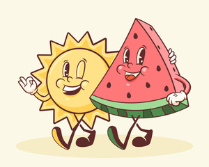Groovy Sun and Watermelon Retro Characters Illustration. Cartoon Summer Fruit Personage Walking and Smiling. Vector Funny Mascot Template. Happy Vintage Cool Sticker. Isolated