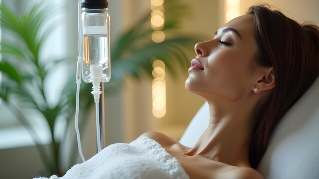 Woman receiving IV drip therapy for wellness, beauty and relaxation in spa clinic. Intravenous vitamin infusion treatment