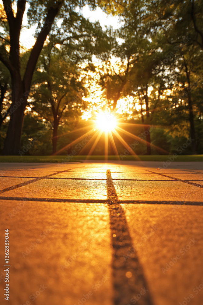 Poster sunlight shines through trees creating a warm glow on the path at sunset