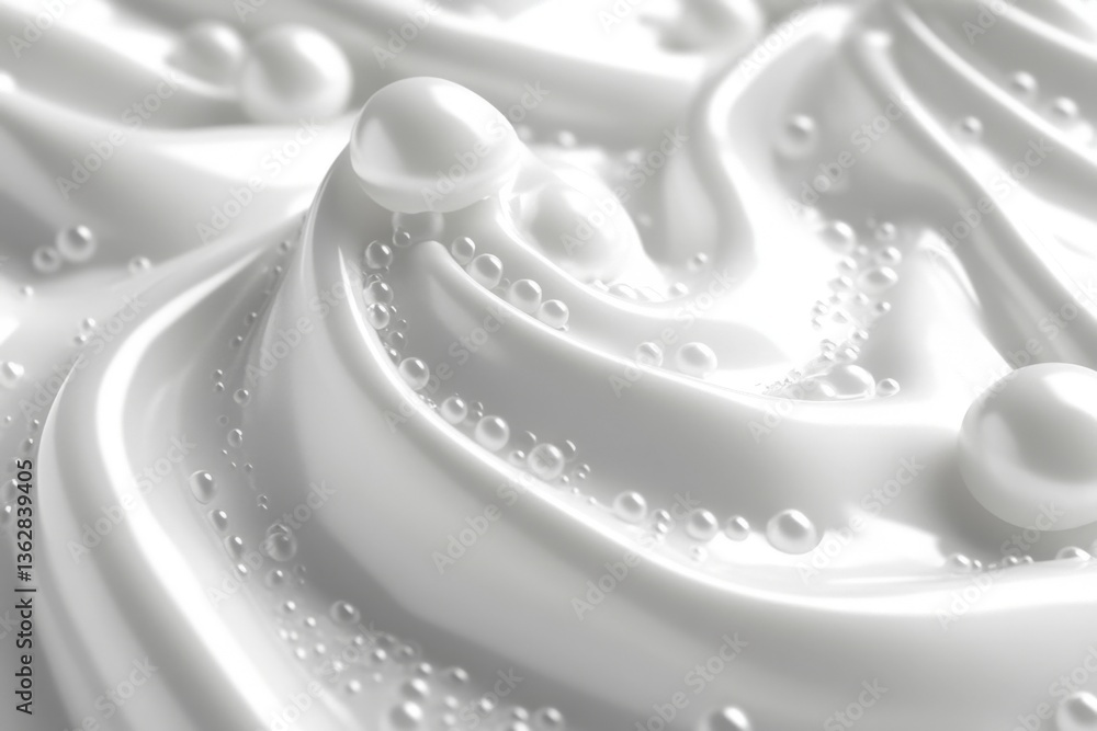 Poster Creamy texture of whipped cream with bubbles and swirls displayed in close-up view