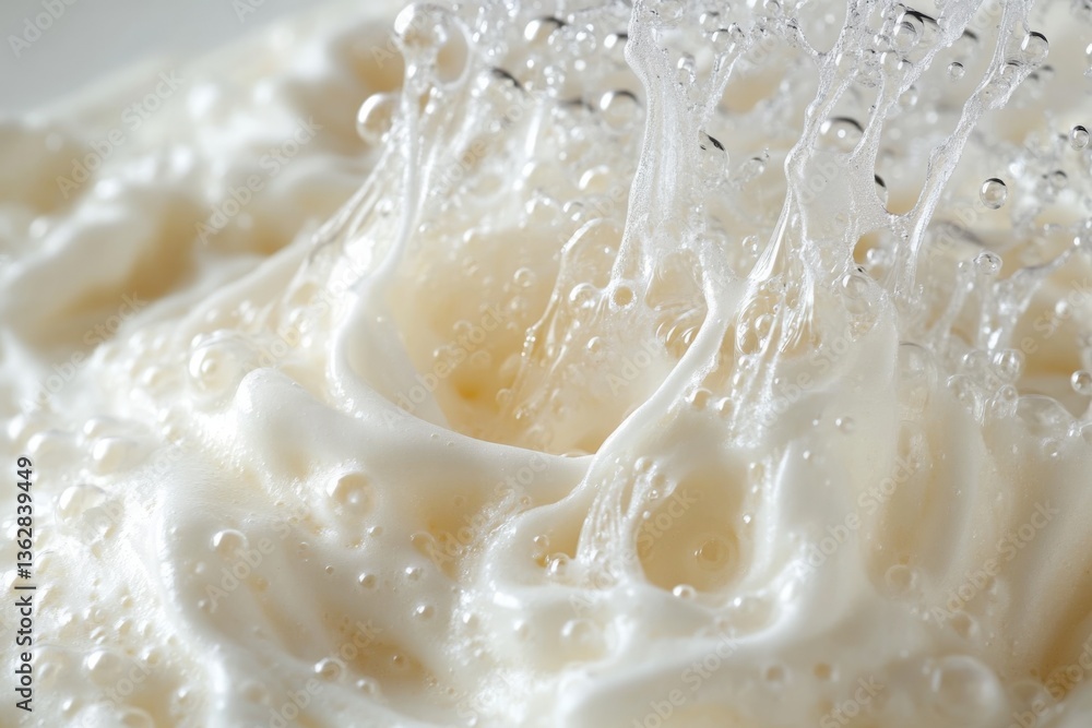 Poster bubbles and splashes create a mesmerizing white foam texture in a close-up shot captured in soft lig