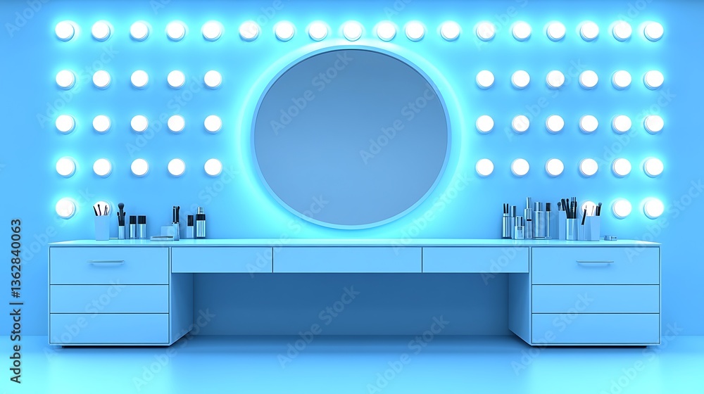 Poster vanity mirror with built-in lighting and shelf storage