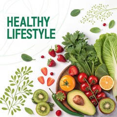 Fresh vegetables and fruits arrangement promoting a healthy lifestyle design concept